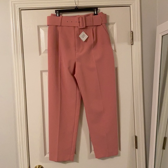 Zara Pants - NWT Zara Belted Pink High Waist Pleated Trouser Size L.